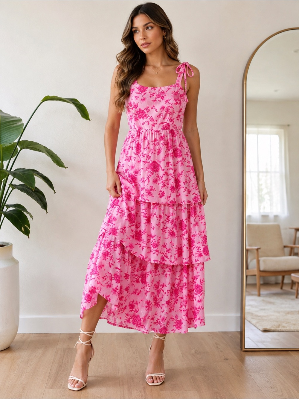 Wenrine Pink Floral Maxi Dress Tiered Smocked Vacation Size S NWT